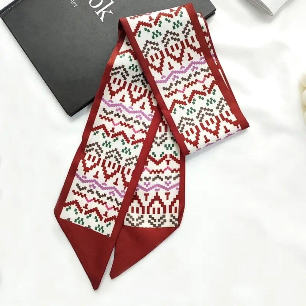 2× Bag Twilly Purse Skinny Scarf Burgundy Geometric
